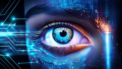 close up of glowing eye with digital patterns and vivid lights