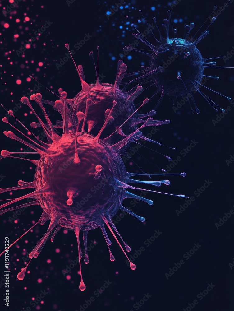 Poster graphical representation of a minimalistic virus design showcasing colorful elements in a dark backd