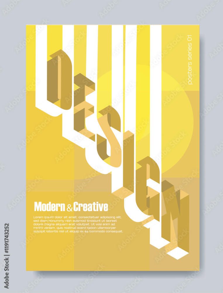 Poster poster design with bold 3d typography and yellow geometric patterns. minimalist layout with text on 
