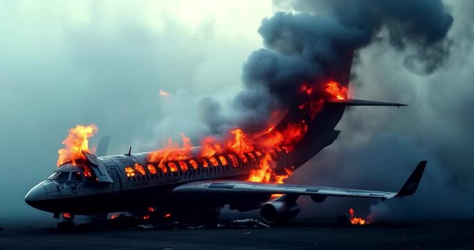 A passenger plane on fire at an airport. 01.