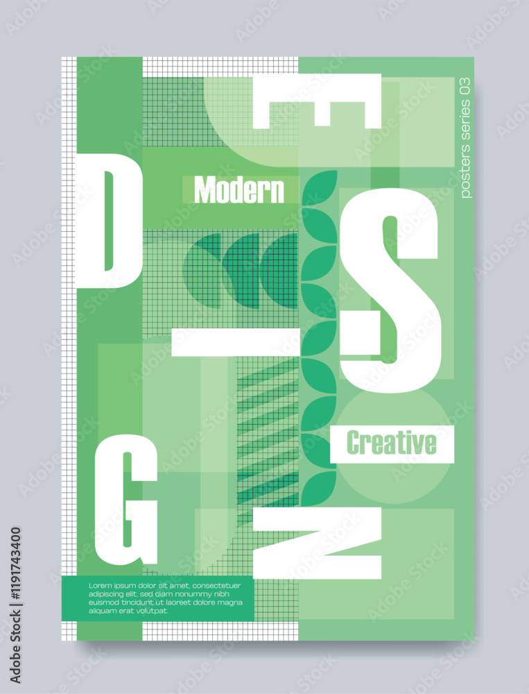 Poster abstract poster design featuring overlapping geometric shapes, text elements, and grid patterns in g