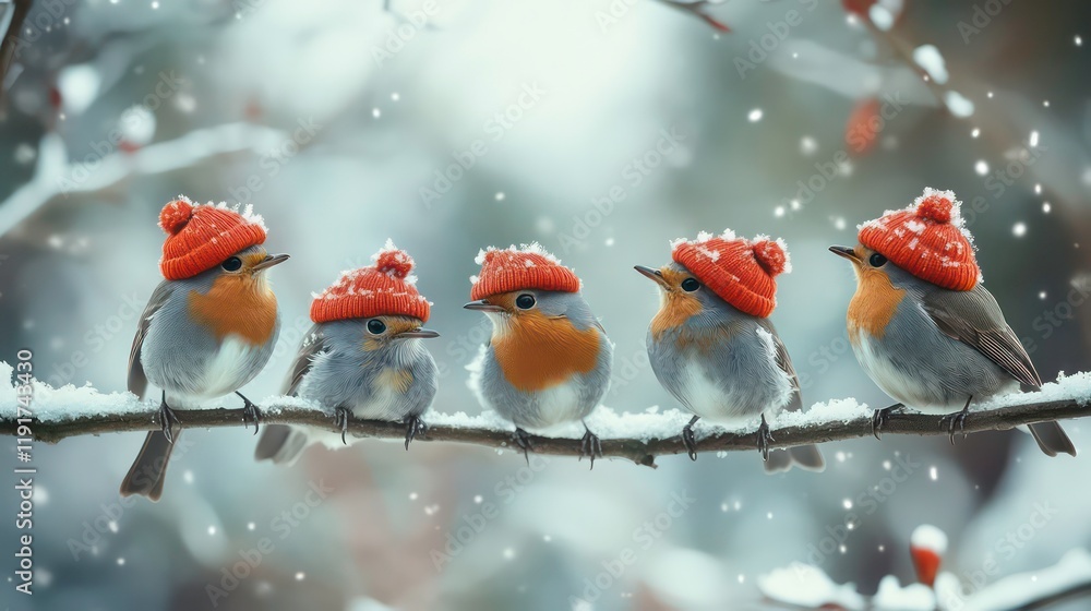 Poster five robins in red hats perched on a snow-covered branch during a snowfall.