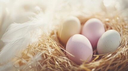 Fototapeta premium Pastel Easter eggs in straw nest with feathers