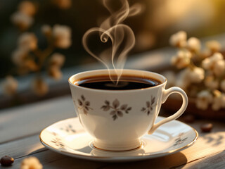 Fototapeta premium Coffee cup with heart-shaped steam on a saucer surrounded by coffee beans on a rustic table.