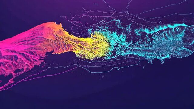 Colorful topographic mapping showcasing geographic features of a coastal region at twilight