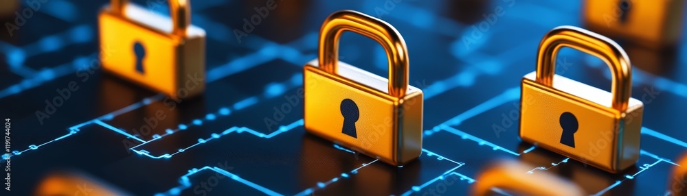 Poster cybersecurity lock protecting complex digital circuits, ensuring data safety and network security