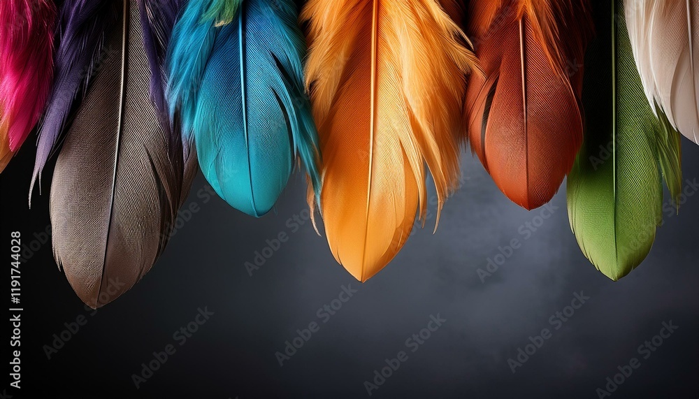 Poster multicolored feathers hang from above on a dark background with copy space