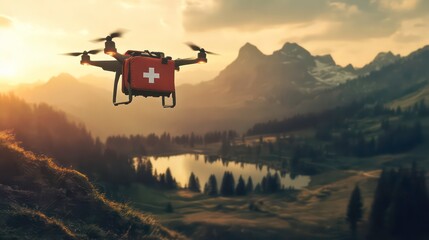 Drone delivering medical aid over scenic mountain landscape at sunset.