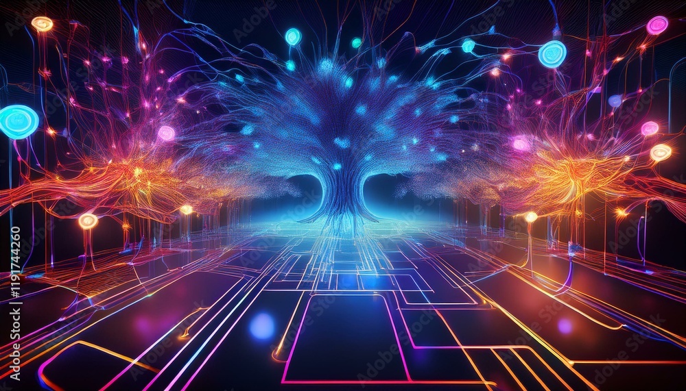 Poster cyber synapse a digital display showcases a network of futuristic connections echoing the complexity