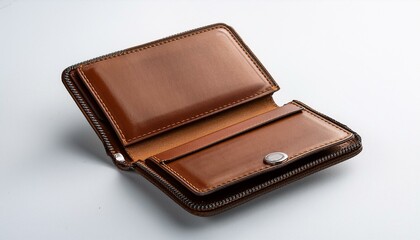 close up of open brown leather wallet on white surface