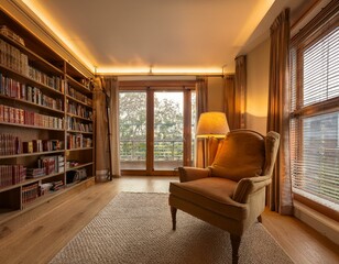 Fototapeta premium Generated image stock photo features a well-lit room with multiple lamps, creating a warm and inviting atmosphere