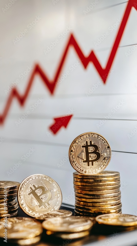 Aufkleber Gold bitcoin coins stacked on each other with red arrow pointing upward on chart in background representing positive growth and investment potential