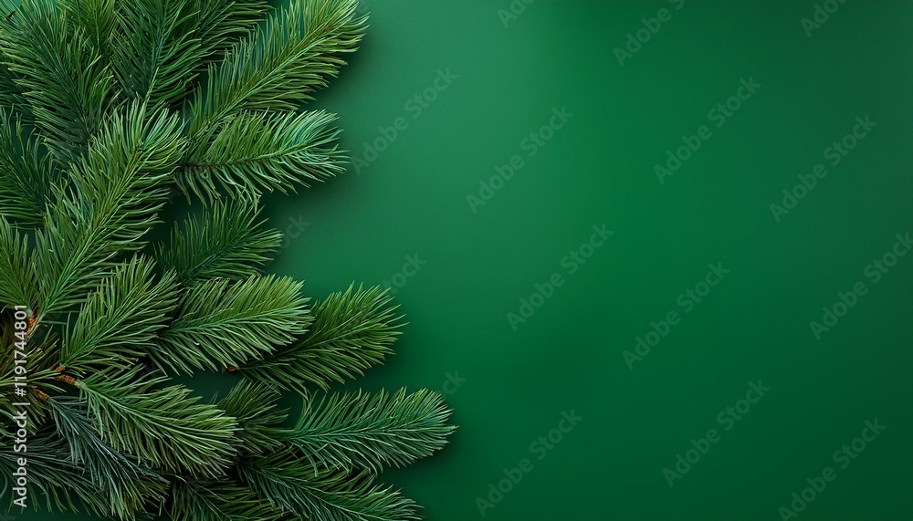 Poster pine branches on a green background with a copy space