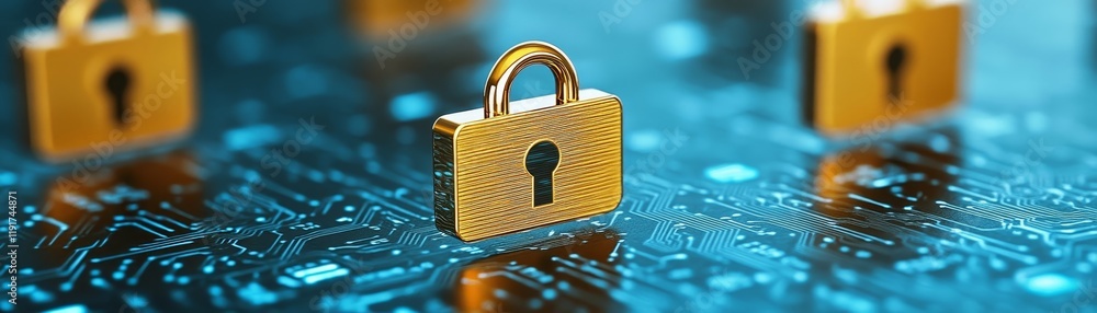 Poster cybersecurity padlock protecting digital circuit, ensuring data safety and network security