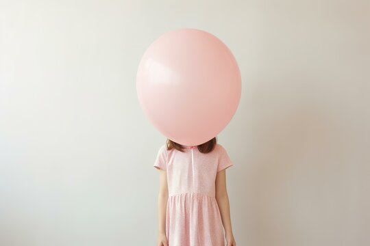 Child holding big pink balloon in front of her face, playing hide and seek