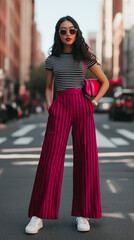 A casual yet chic outfit featuring a black and white striped top tucked into cherry-red wide-leg pants