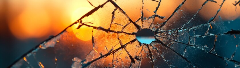 Shattered glass window illuminates by sunlight, a captivating display of light and shadow