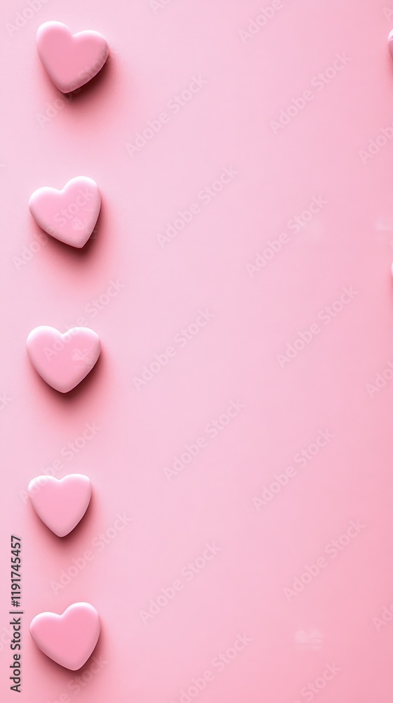 Poster Five pink hearts arranged in a vertical line on a soft pink background create an elegant visual for valentine's day, women's day, or spring celebrations, with ample text space