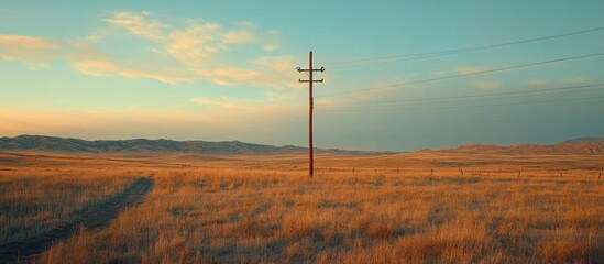 Obraz premium A remote and expansive rural landscape with an electric utility pole and power lines running across an open field or prairie set against the backdrop of a dramatic sky at sunset or sunrise