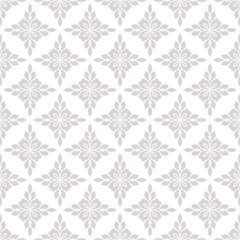 Subtle floral ornament. Simple elegant seamless pattern with abstract flower silhouettes, foliage, repeat tiles. Luxury vector background in damask, oriental style. Stylish gray and white geo design