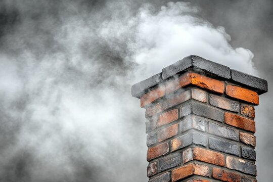 Thick gray smoke billowing from a brick chimney against a cloudy winter sky.