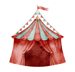 Watercolor illustration of a classic vintage Circus Tent with red and green stripes, bunting, and a festive flag. Drawing of carnival big top for children greeting cards or retro baby party invitation © Alisles