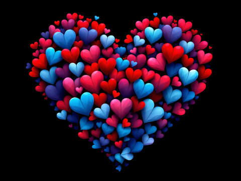 Heart shape formed by multicolored smaller hearts on black background.
