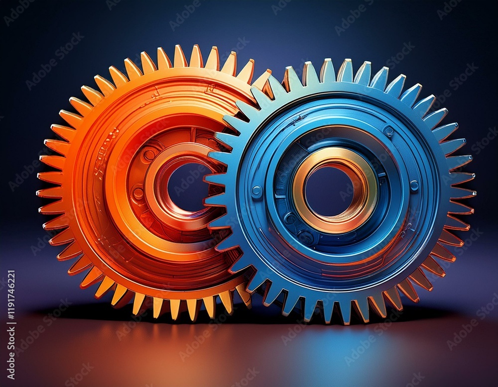 Poster two colorful gears one orange and one blue interlocking on a dark background symbolizing mechanical 