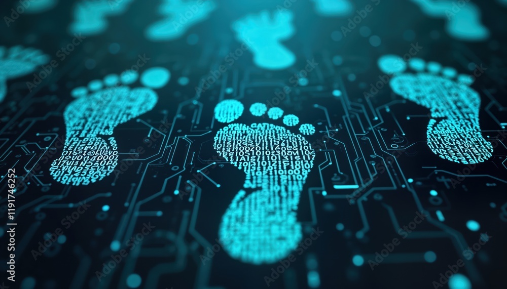 Poster futuristic digital footprint made of binary code shows importance of cybersecurity. protecting perso