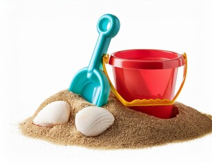 sand and shell toy bucket and shovel isolated on transparent or white background