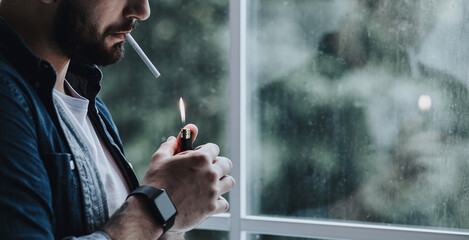 Suffering some problem, feeling desperate, crisis and depression. Habit and addiction. Sad...