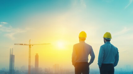 Skilled construction workers overseeing progress at a dynamic urban building site