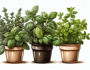 Fototapeta premium three potted herbs basil mint rosemary isolated on transparant background generative ai