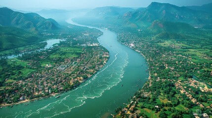 Aerial View of the Irrawaddy River in Myanmar, a Stunning Landscape of Mountains, Lush Green Vegetation, and a Winding River