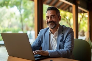Fototapeta premium Happy businessman using laptop, enjoying remote work in modern office space with natural light