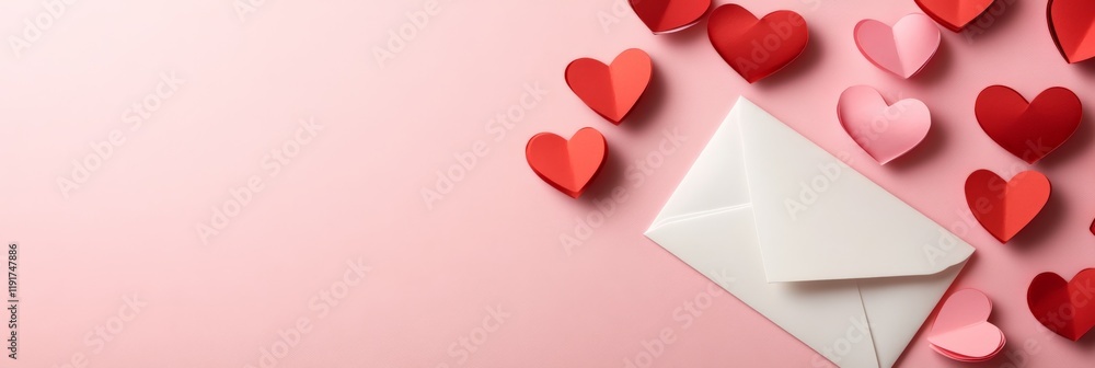 Poster red and pink paper hearts falling out of a white envelope lying on a pastel pink surface create a ro