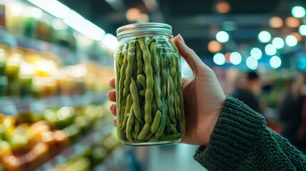 A hand holding a jar of home-canned green beans, illuminated by soft natural light, set against a blurred supermarket background, pastel tones, hyper-realistic