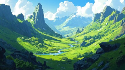 A vast green valley landscape with mountains and a winding river under a blue sky and fluffy clouds
