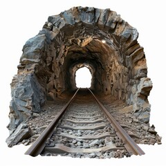 Fototapeta premium Train tracks stretching into a dark rock tunnel with a bright light at the end, symbolizing hope, journey, and new beginnings