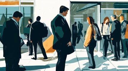 Fototapeta premium Sad Business People Waiting Outside Office Building