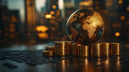 Modern shiny globe representing the world on sale, golden Earth globe next to modern gold coins, symbolizing success in business, wealth in economy, growth of international finance, and money's influe