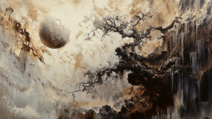 Ethereal Landscape with Dark Tree and Moon, Mystical Fantasy Art