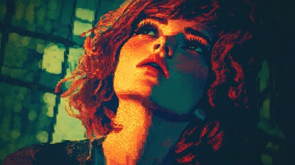 Pixel Art Portrait of a Pensive Woman, Dark Teal Background