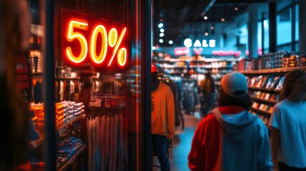 Fototapeta premium Fifty percent off sale sign in a brightly lit store with shoppers browsing merchandise.