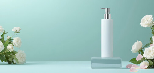 Elegant skin care product with floral against a soft mint background, perfect for beauty and wellness themes in advertising. Skincare cosmetic concept. product research and innovation.