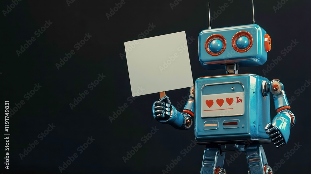Poster retro robot holding blank sign, dark background.