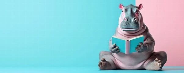 A playful hippo reading a book, surrounded by vibrant pastel colors, creating a whimsical and charming atmosphere.