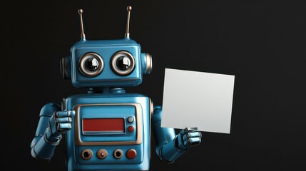 Fototapeta premium Retro robot holding blank sign, pointing.