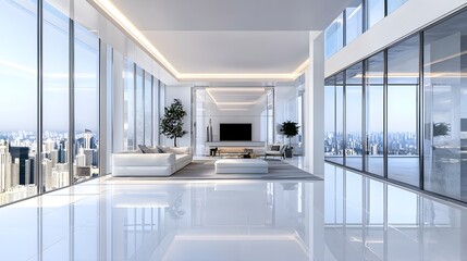 Luxury penthouse interior, open floor plan with elegant furnishings, skyline view in the background, professional ad design template, lavish and stylish