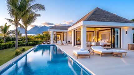 Fototapeta premium Luxury resort villa by the shore, serene environment, real estate highlight